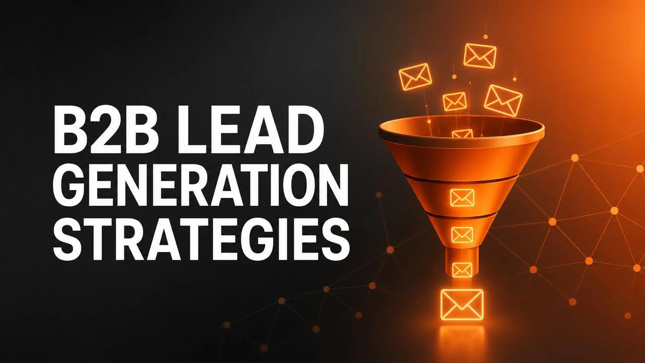 Glowing orange lead funnel with connected email nodes — B2B lead generation
