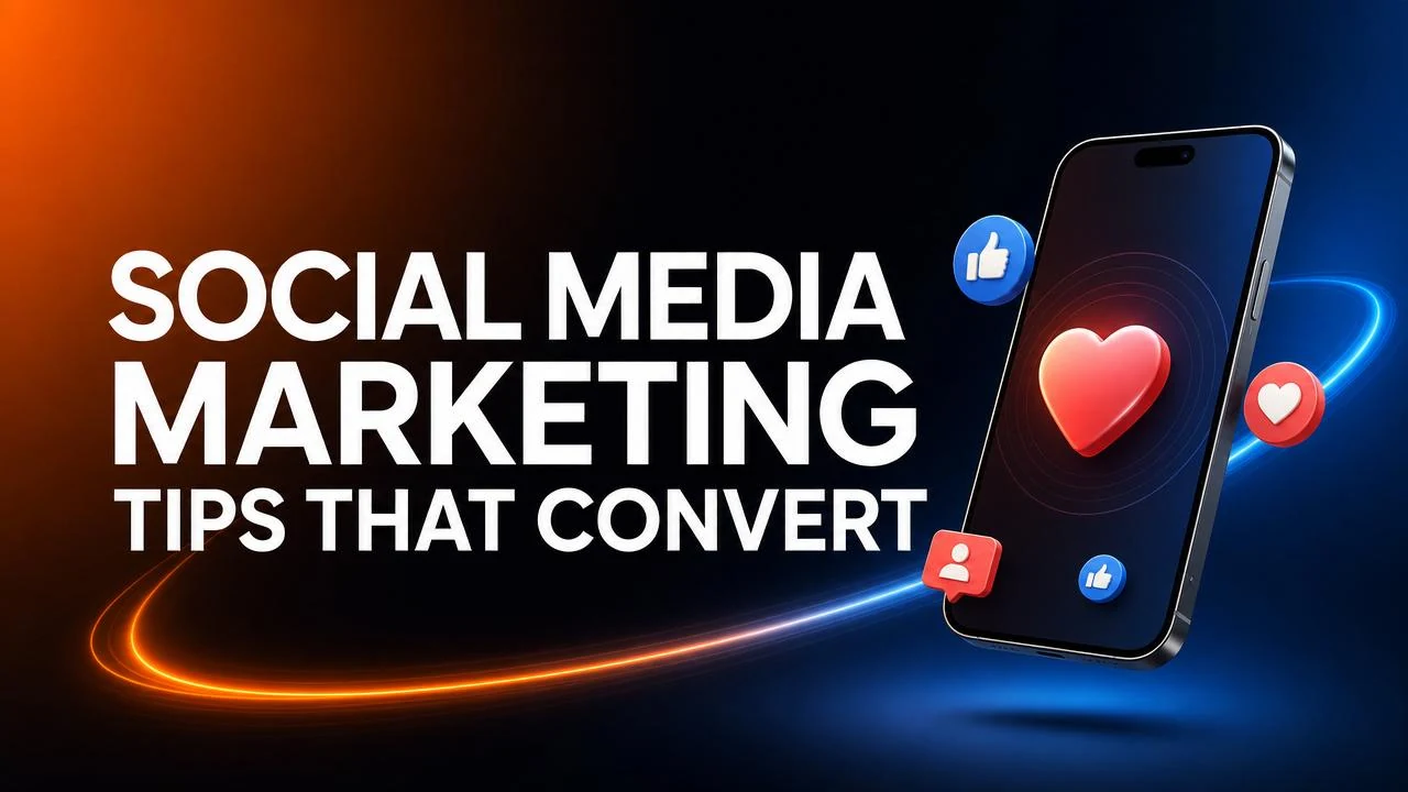 Floating phone screens with hearts and light streaks — social media marketing